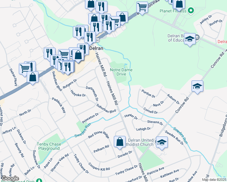 map of restaurants, bars, coffee shops, grocery stores, and more near 60 Haines Mill Road in Delran
