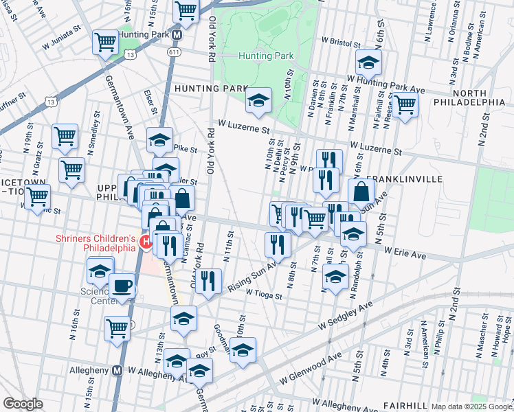 map of restaurants, bars, coffee shops, grocery stores, and more near 3738 North 10th Street in Philadelphia