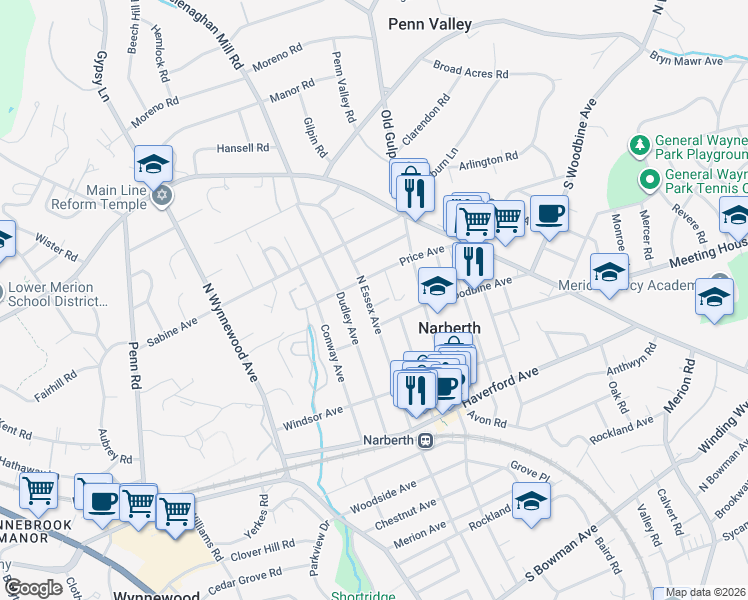 map of restaurants, bars, coffee shops, grocery stores, and more near 312 North Essex Avenue in Narberth