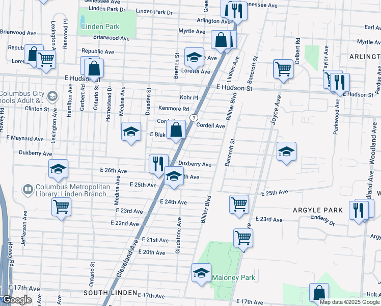 map of restaurants, bars, coffee shops, grocery stores, and more near 1503 East Maynard Avenue in Columbus
