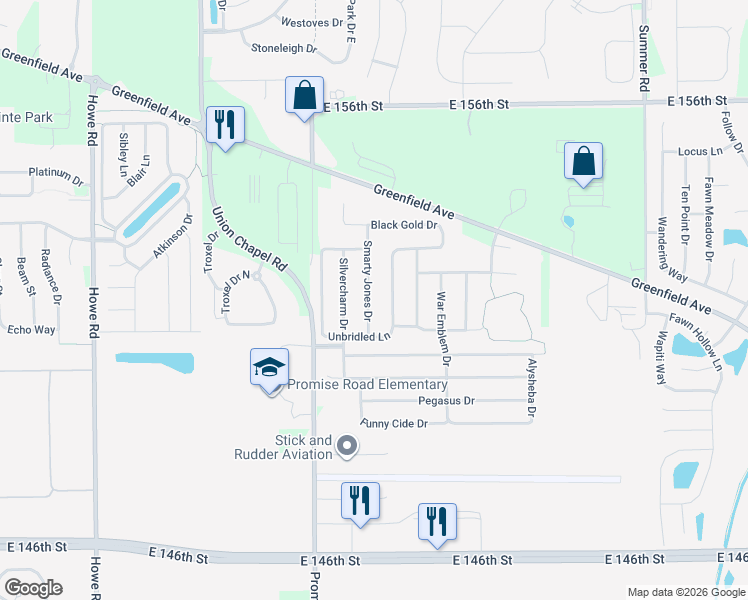 map of restaurants, bars, coffee shops, grocery stores, and more near 15162 Smarty Jones Drive in Noblesville