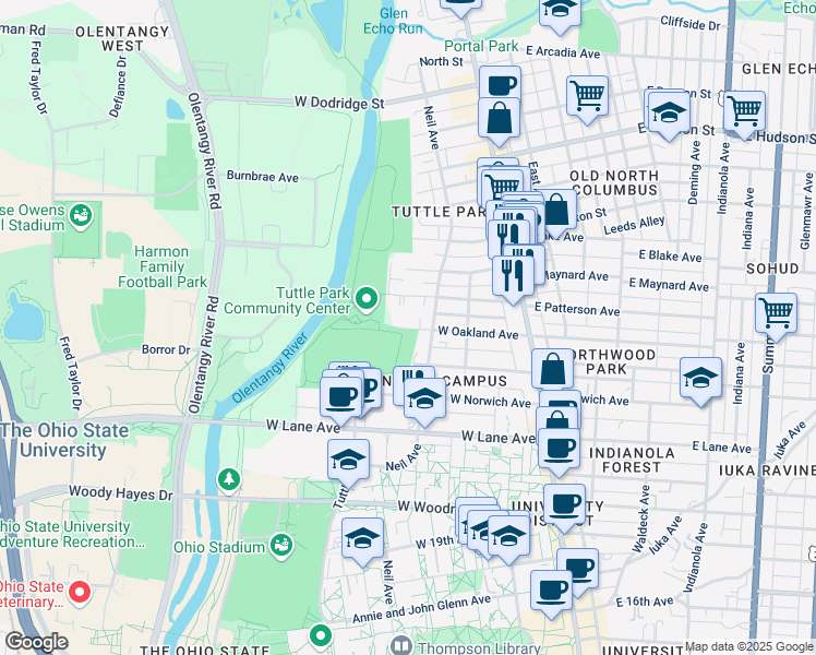 map of restaurants, bars, coffee shops, grocery stores, and more near 164 West Oakland Avenue in Columbus