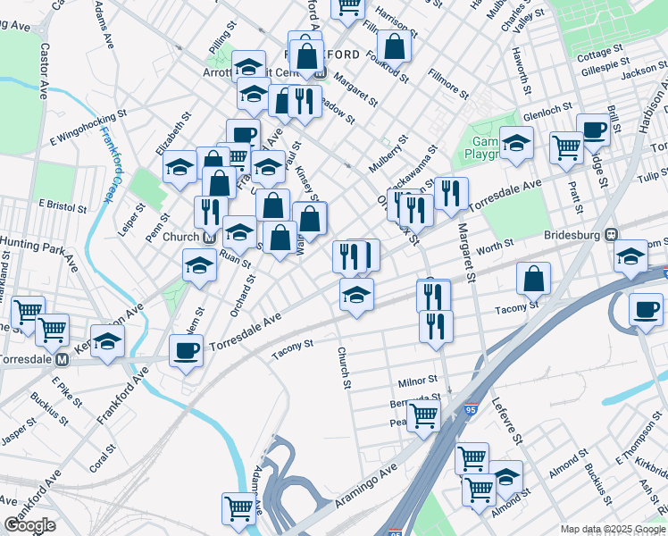 map of restaurants, bars, coffee shops, grocery stores, and more near 4334 Josephine Street in Philadelphia