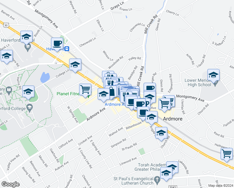 map of restaurants, bars, coffee shops, grocery stores, and more near 111 U.S. 30 in Ardmore