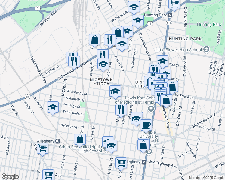 map of restaurants, bars, coffee shops, grocery stores, and more near 3633 North 18th Street in Philadelphia