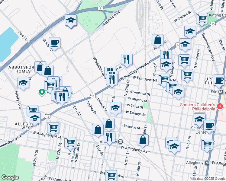 map of restaurants, bars, coffee shops, grocery stores, and more near 2302 West Venango Street in Philadelphia