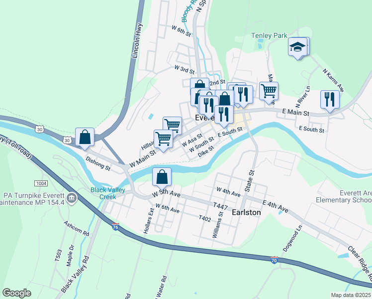 map of restaurants, bars, coffee shops, grocery stores, and more near 145 West South Street in Everett