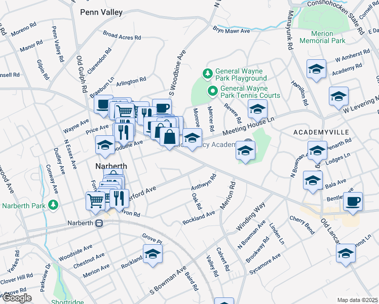 map of restaurants, bars, coffee shops, grocery stores, and more near 615 Montgomery Avenue in Merion Station