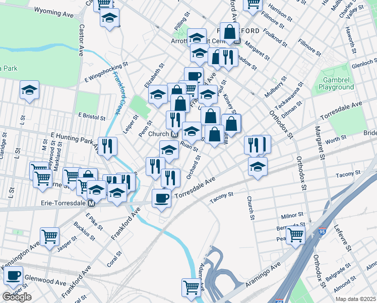 map of restaurants, bars, coffee shops, grocery stores, and more near 4252 Paul Street in Philadelphia