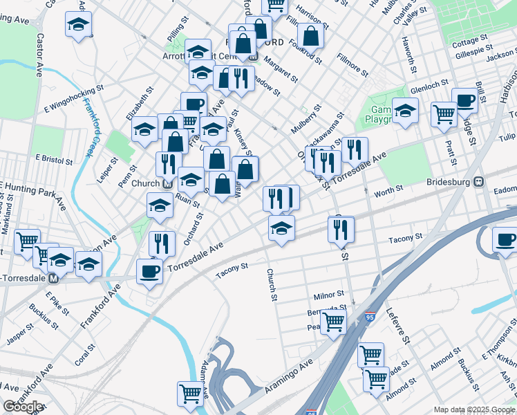 map of restaurants, bars, coffee shops, grocery stores, and more near 4326 Josephine Street in Philadelphia
