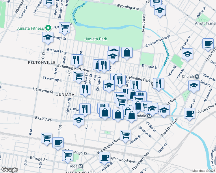 map of restaurants, bars, coffee shops, grocery stores, and more near 1641 Lewis Street in Philadelphia