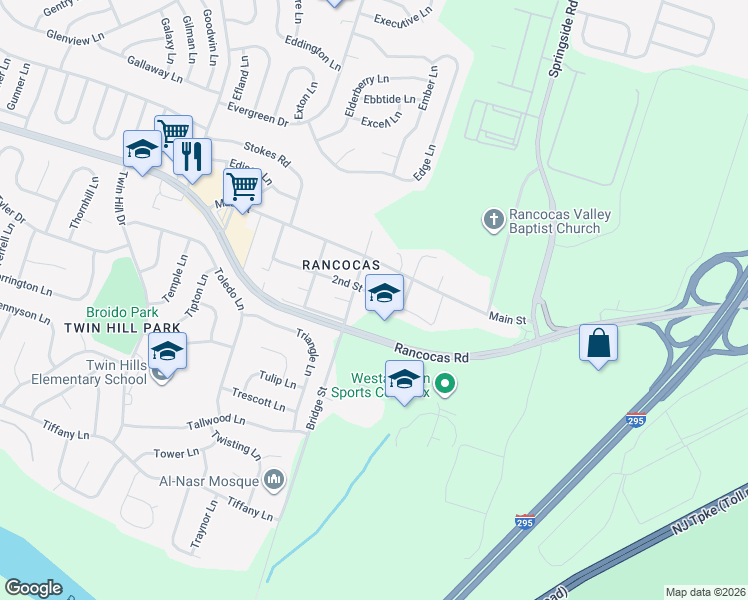 map of restaurants, bars, coffee shops, grocery stores, and more near 206 2nd Street in Westampton