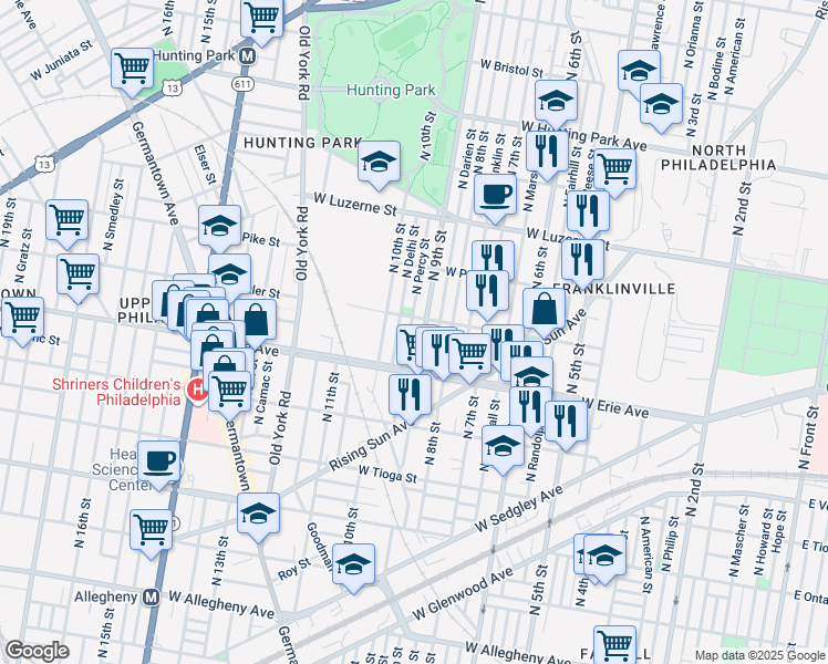 map of restaurants, bars, coffee shops, grocery stores, and more near 3747 North Percy Street in Philadelphia