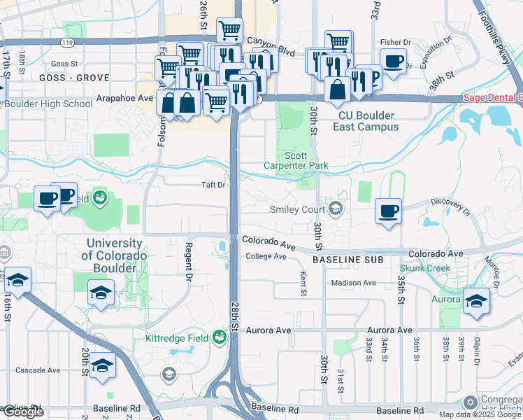 map of restaurants, bars, coffee shops, grocery stores, and more near 2871 Springdale Lane in Boulder