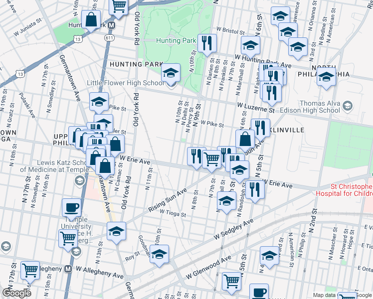 map of restaurants, bars, coffee shops, grocery stores, and more near 3747 North Percy Street in Philadelphia
