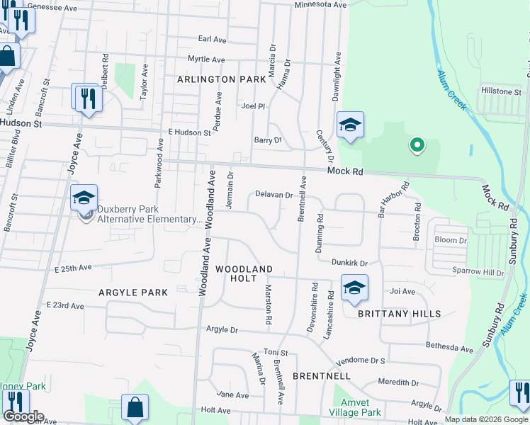 map of restaurants, bars, coffee shops, grocery stores, and more near 2208 Sagamore Road in Columbus