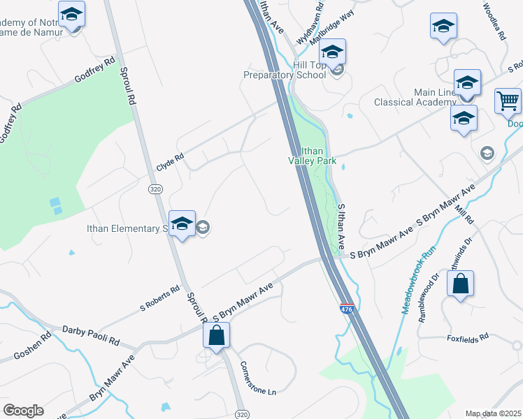 map of restaurants, bars, coffee shops, grocery stores, and more near 19 Haymarket Lane in Bryn Mawr