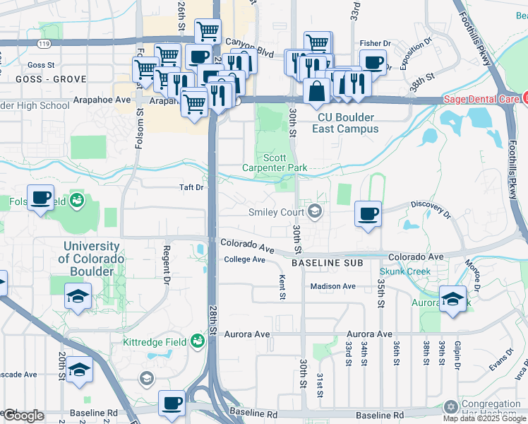 map of restaurants, bars, coffee shops, grocery stores, and more near 2932 Shadow Creek Drive in Boulder