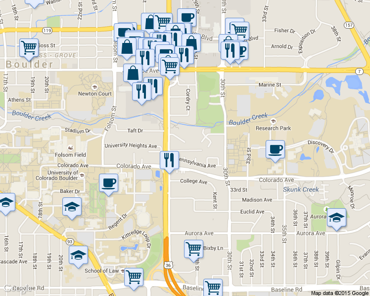 map of restaurants, bars, coffee shops, grocery stores, and more near 2877 Springdale Lane in Boulder