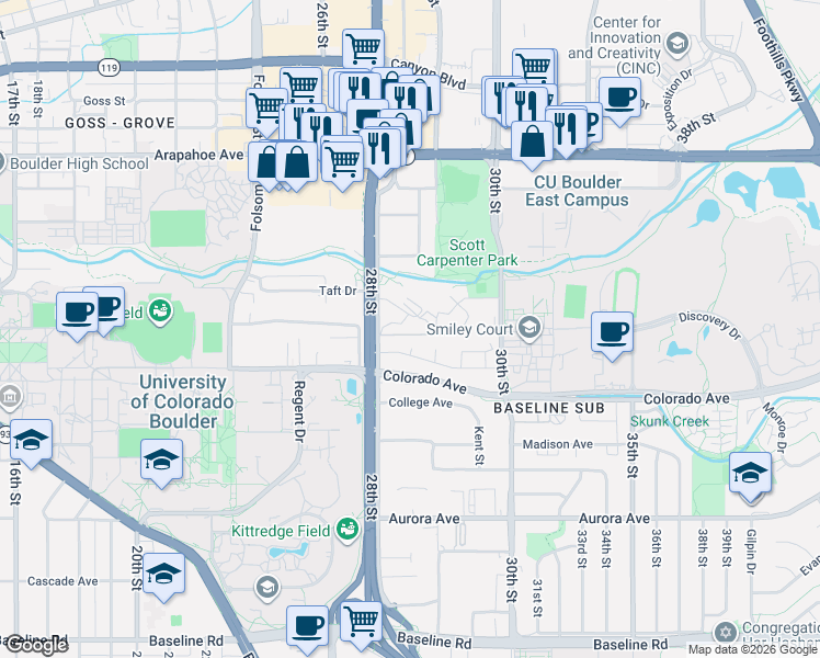 map of restaurants, bars, coffee shops, grocery stores, and more near 2871 Springdale Lane in Boulder