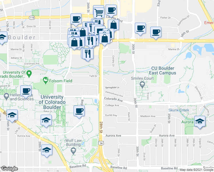 map of restaurants, bars, coffee shops, grocery stores, and more near 2821 Springdale Lane in Boulder