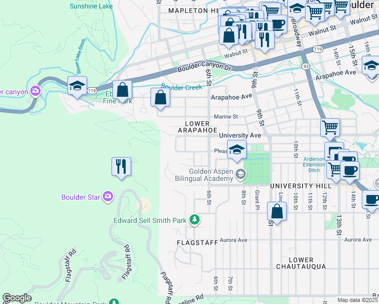 map of restaurants, bars, coffee shops, grocery stores, and more near 1305 5th Street in Boulder