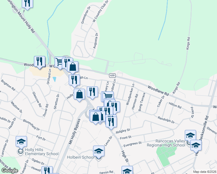 map of restaurants, bars, coffee shops, grocery stores, and more near 211 Canary Lane in Mount Holly