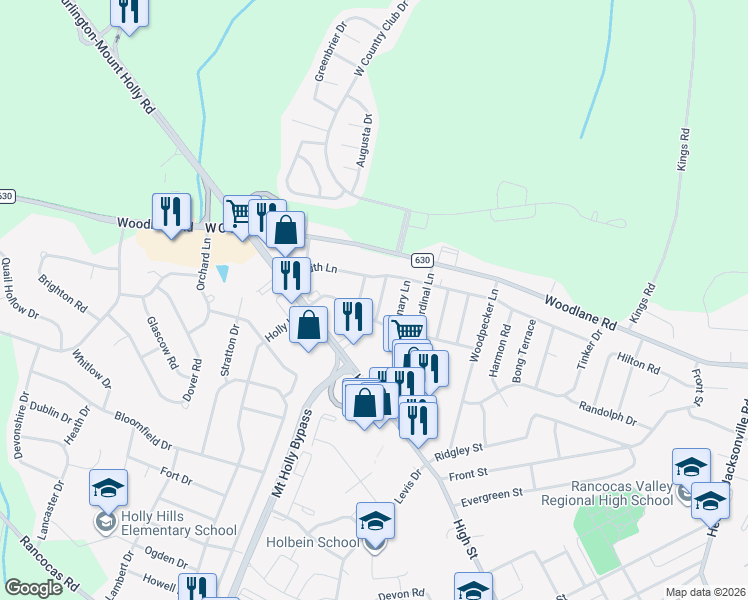 map of restaurants, bars, coffee shops, grocery stores, and more near 210 Curlew Lane in Mount Holly