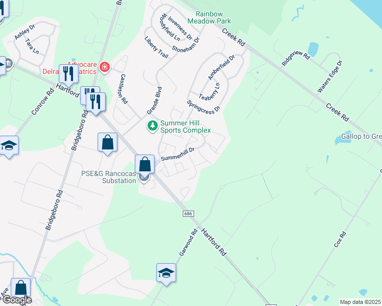 map of restaurants, bars, coffee shops, grocery stores, and more near 1 Weatherly Road in Delran