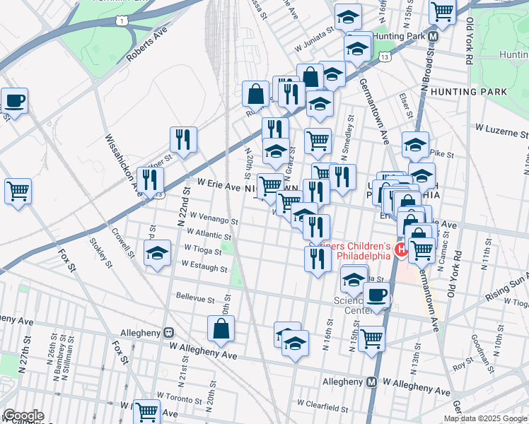 map of restaurants, bars, coffee shops, grocery stores, and more near 3621 North 19th Street in Philadelphia