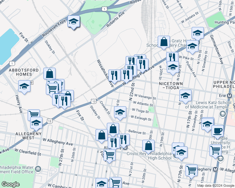 map of restaurants, bars, coffee shops, grocery stores, and more near 2302 West Venango Street in Philadelphia