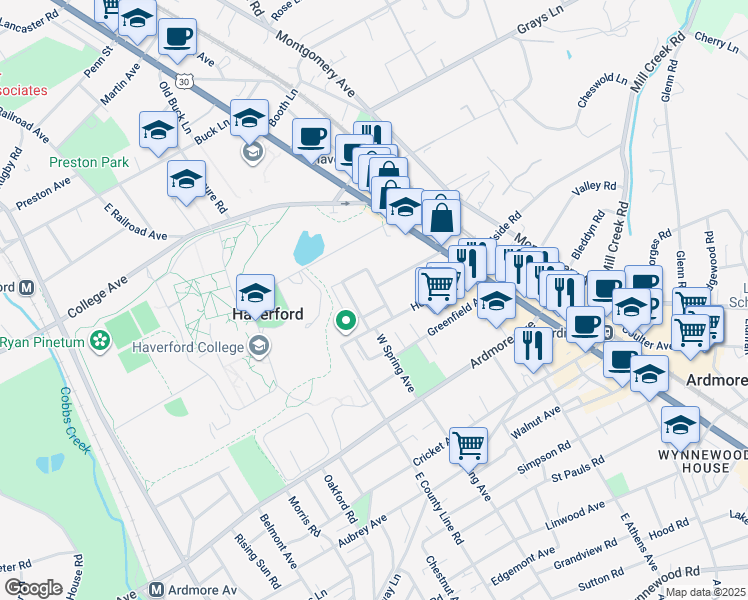 map of restaurants, bars, coffee shops, grocery stores, and more near 316 Locust Avenue in Ardmore