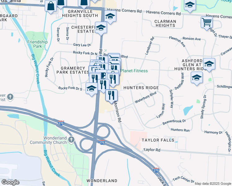 map of restaurants, bars, coffee shops, grocery stores, and more near 380 Hemston Drive in Columbus