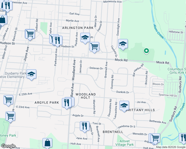 map of restaurants, bars, coffee shops, grocery stores, and more near 2208 Sagamore Road in Columbus