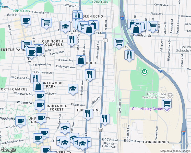 map of restaurants, bars, coffee shops, grocery stores, and more near 382 East Oakland Avenue in Columbus
