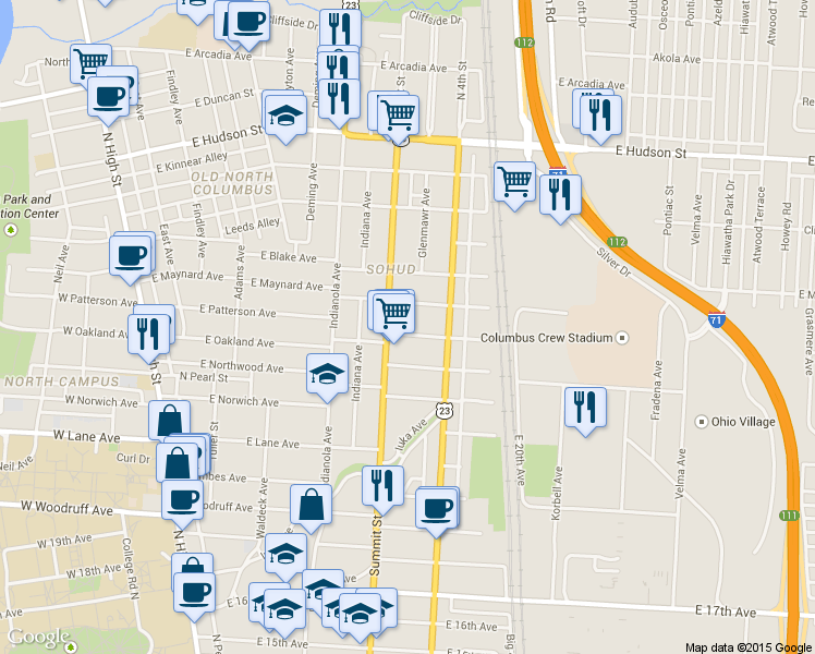 map of restaurants, bars, coffee shops, grocery stores, and more near 382 East Oakland Avenue in Columbus