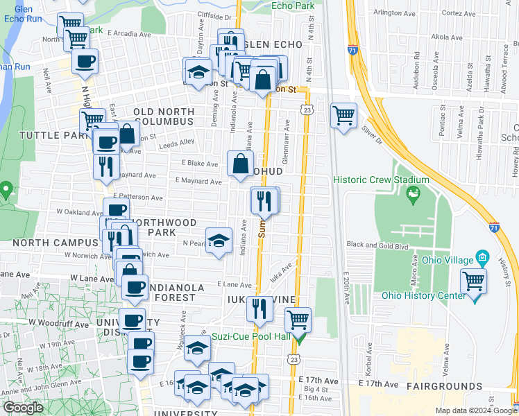 map of restaurants, bars, coffee shops, grocery stores, and more near 2253 Summit Street in Columbus