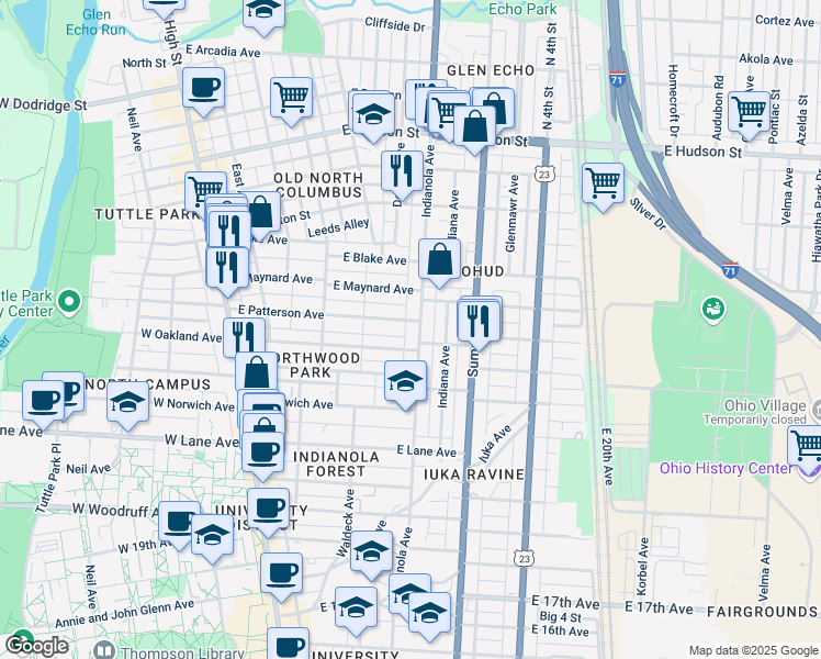 map of restaurants, bars, coffee shops, grocery stores, and more near in Columbus