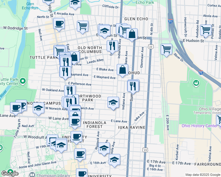 map of restaurants, bars, coffee shops, grocery stores, and more near 215 East Patterson Avenue in Columbus