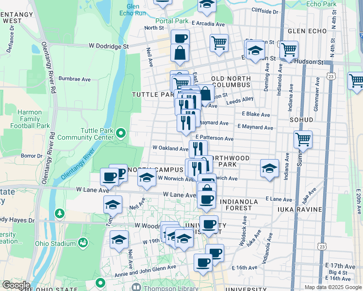 map of restaurants, bars, coffee shops, grocery stores, and more near 58 West Oakland Avenue in Columbus