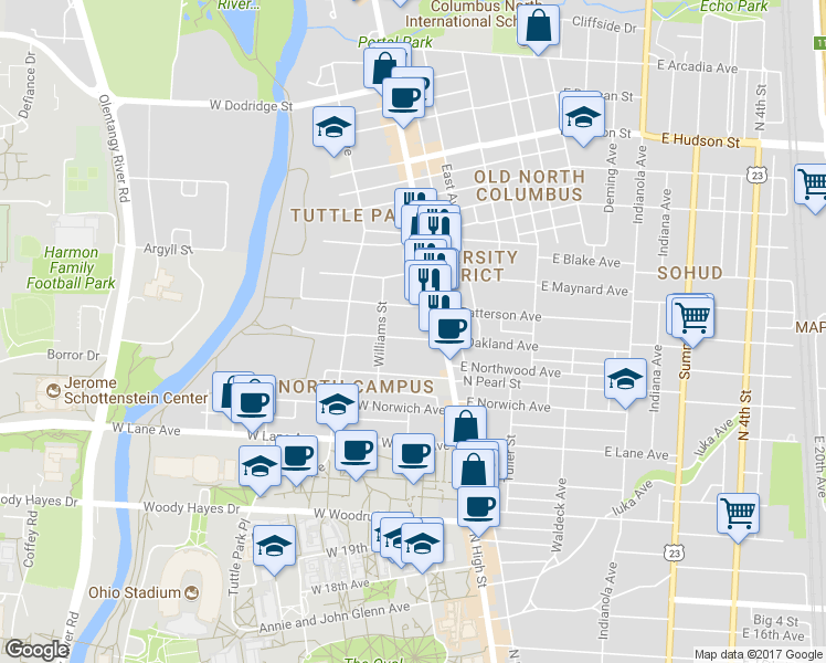 map of restaurants, bars, coffee shops, grocery stores, and more near 58 West Oakland Avenue in Columbus