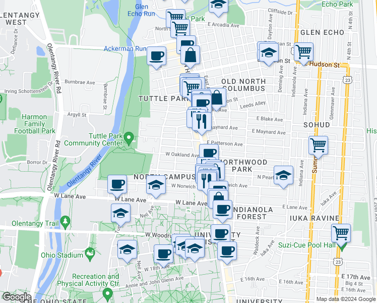 map of restaurants, bars, coffee shops, grocery stores, and more near 58 West Oakland Avenue in Columbus