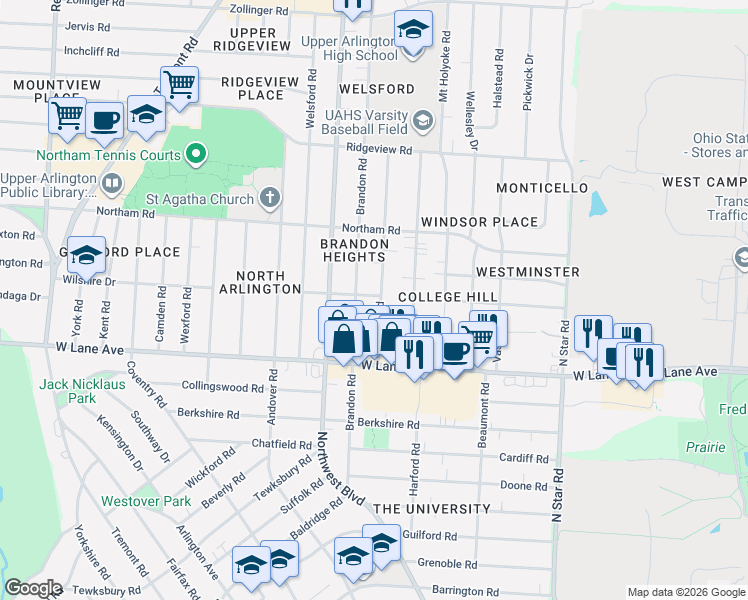 map of restaurants, bars, coffee shops, grocery stores, and more near 2574 Brandon Road in Columbus
