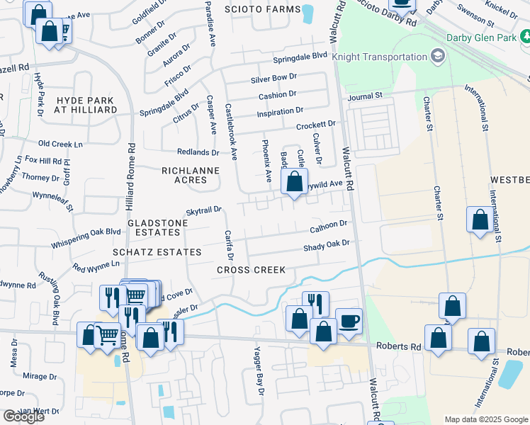 map of restaurants, bars, coffee shops, grocery stores, and more near 5105 Singleton Drive in Hilliard