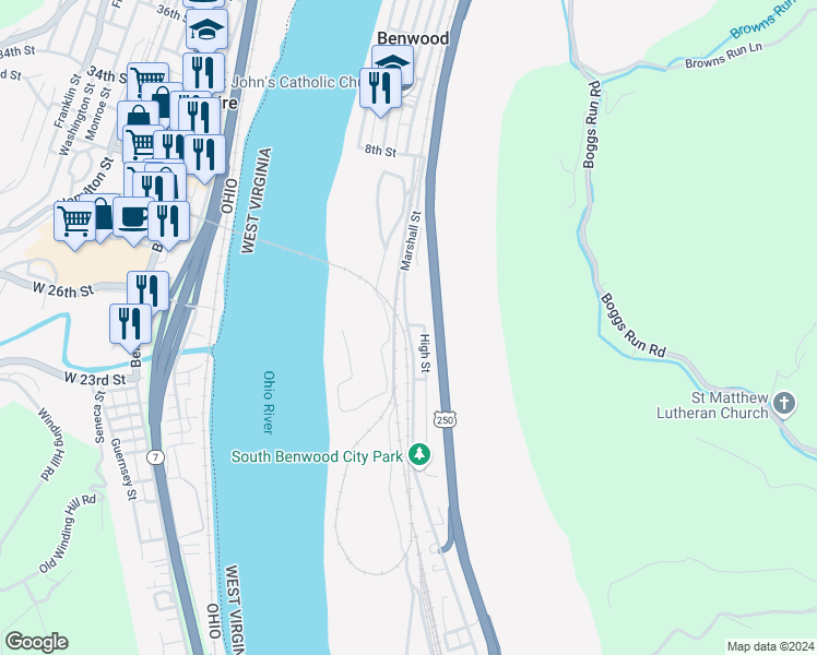 map of restaurants, bars, coffee shops, grocery stores, and more near 1301 Marshall Street in Benwood