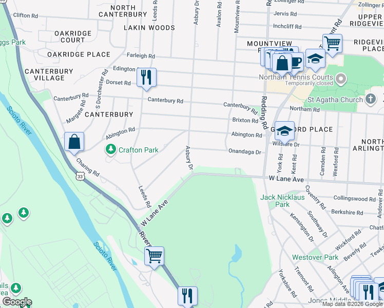 map of restaurants, bars, coffee shops, grocery stores, and more near 2431 Onandaga Drive in Columbus