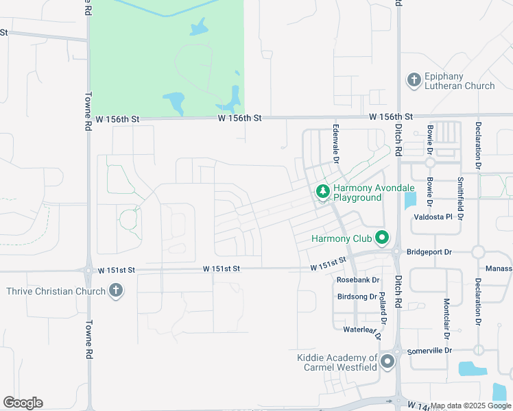 map of restaurants, bars, coffee shops, grocery stores, and more near 15329 Fenchurch Drive in Westfield