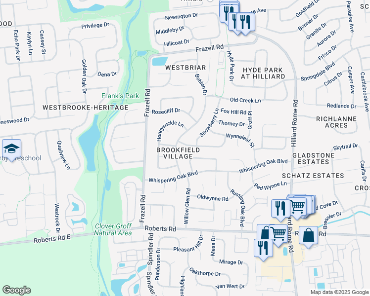 map of restaurants, bars, coffee shops, grocery stores, and more near 5641 Seapine Road in Hilliard