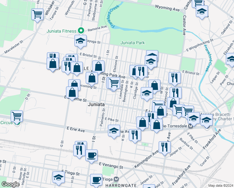 map of restaurants, bars, coffee shops, grocery stores, and more near 4043 J Street in Philadelphia