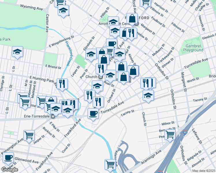 map of restaurants, bars, coffee shops, grocery stores, and more near 4252 Paul Street in Philadelphia